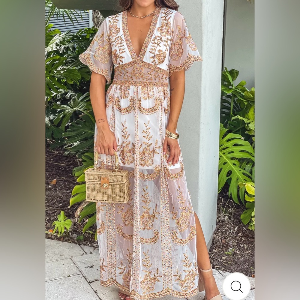 White Lace Floral Embroidered Maxi Dress